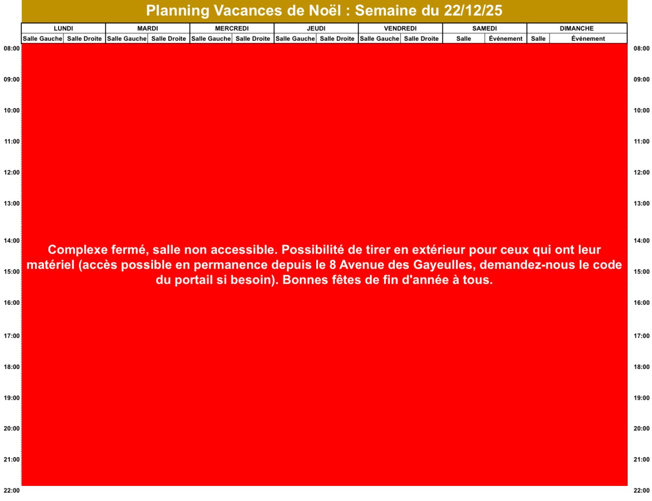 Planning des Vacances de Noël