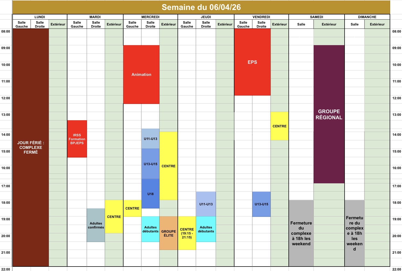 Planning des entraînements